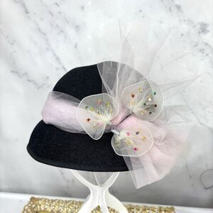 Vintage 1950s 60s Woven Cloche Hat Pink Tulle Bow Star Cocktail Fascinator MCM